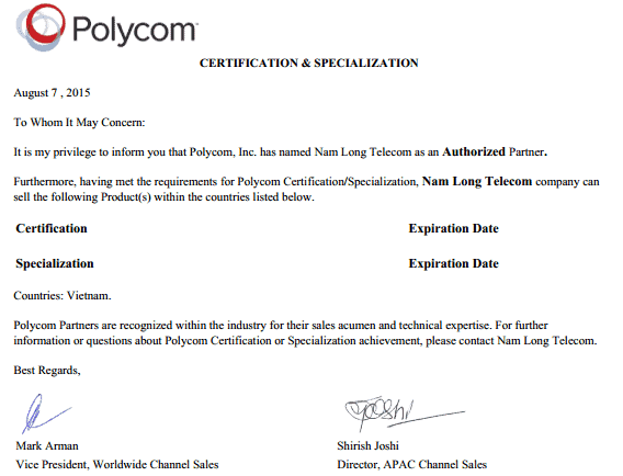 Chứng nhận Polycom Poly